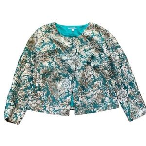 Leifnotes Anthropologie Metallic Floral Cropped Jacket Teal Gold Silver Size 6
